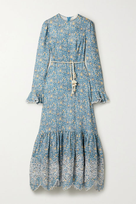 ZIMMERMANN Carnaby belted broderie anglaise-trimmed floral-print linen midi dress